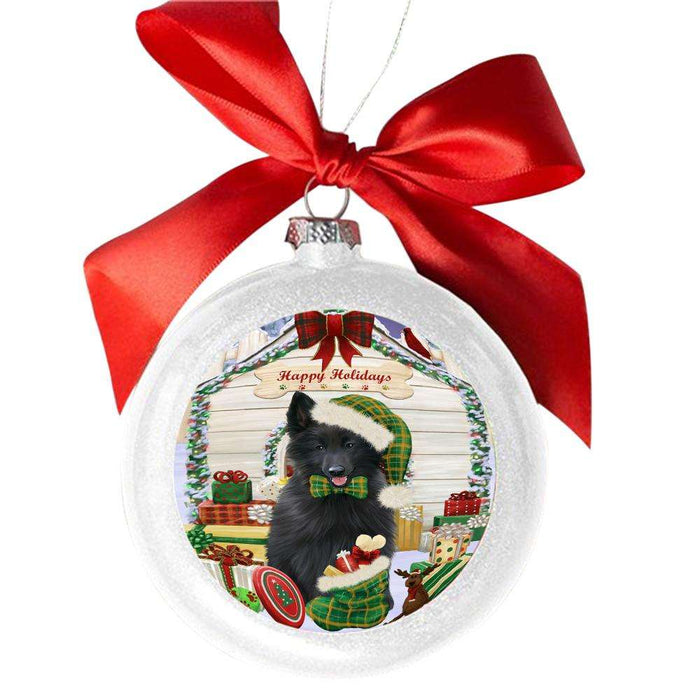 Happy Holidays Christmas Belgian Shepherd House With Presents White Round Ball Christmas Ornament WBSOR49778