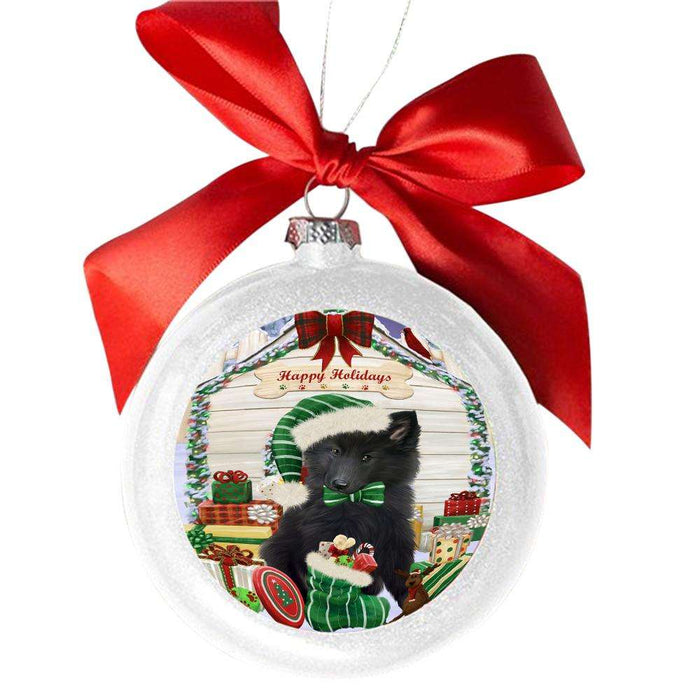Happy Holidays Christmas Belgian Shepherd House With Presents White Round Ball Christmas Ornament WBSOR49779