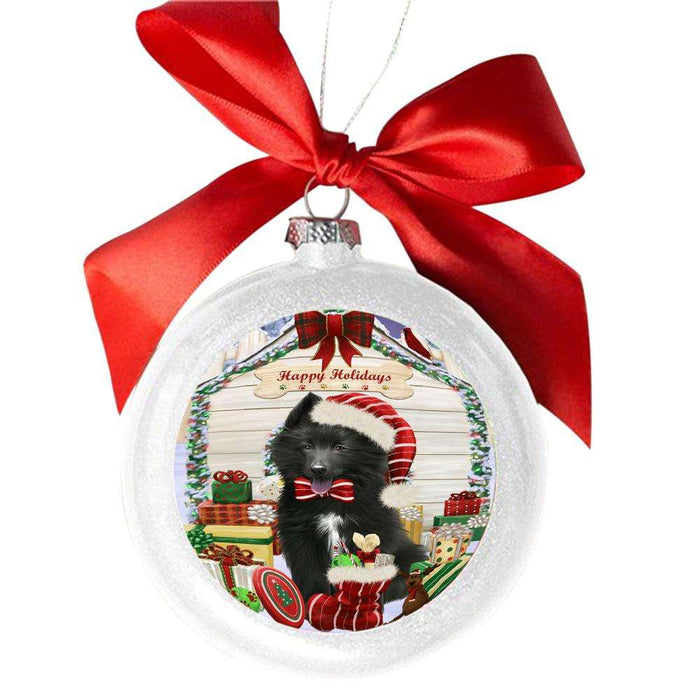 Happy Holidays Christmas Belgian Shepherd House With Presents White Round Ball Christmas Ornament WBSOR49781