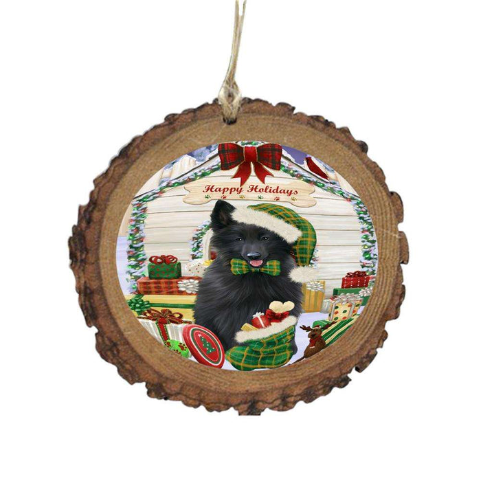Happy Holidays Christmas Belgian Shepherd House With Presents Wooden Christmas Ornament WOR49778