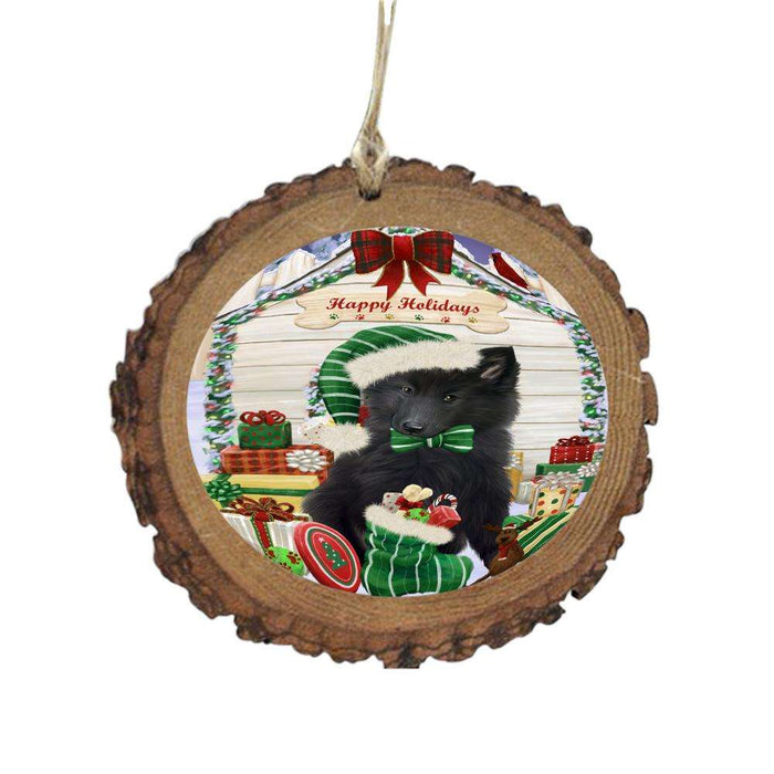 Happy Holidays Christmas Belgian Shepherd House With Presents Wooden Christmas Ornament WOR49779