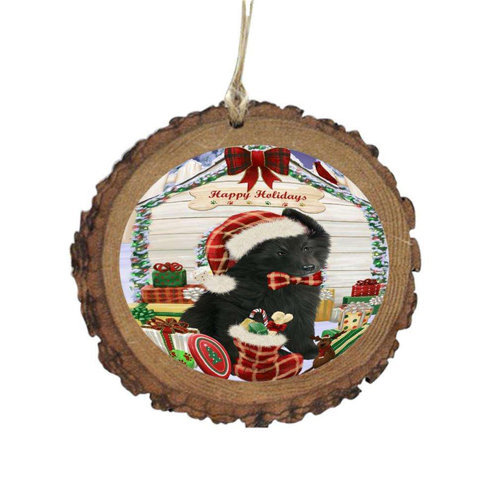 Happy Holidays Christmas Belgian Shepherd House With Presents Wooden Christmas Ornament WOR49780