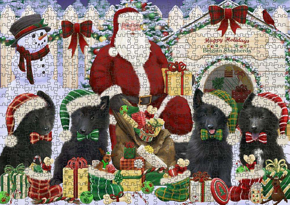 Happy Holidays Christmas Belgian Shepherds Dog House Gathering Puzzle with Photo Tin PUZL57696