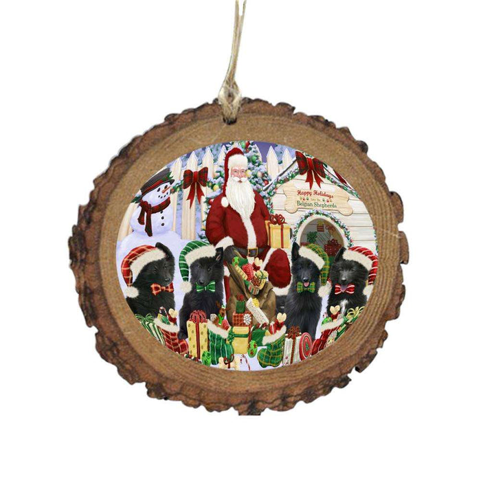Happy Holidays Christmas Belgian Shepherds Dog House Gathering Wooden Christmas Ornament WOR49681