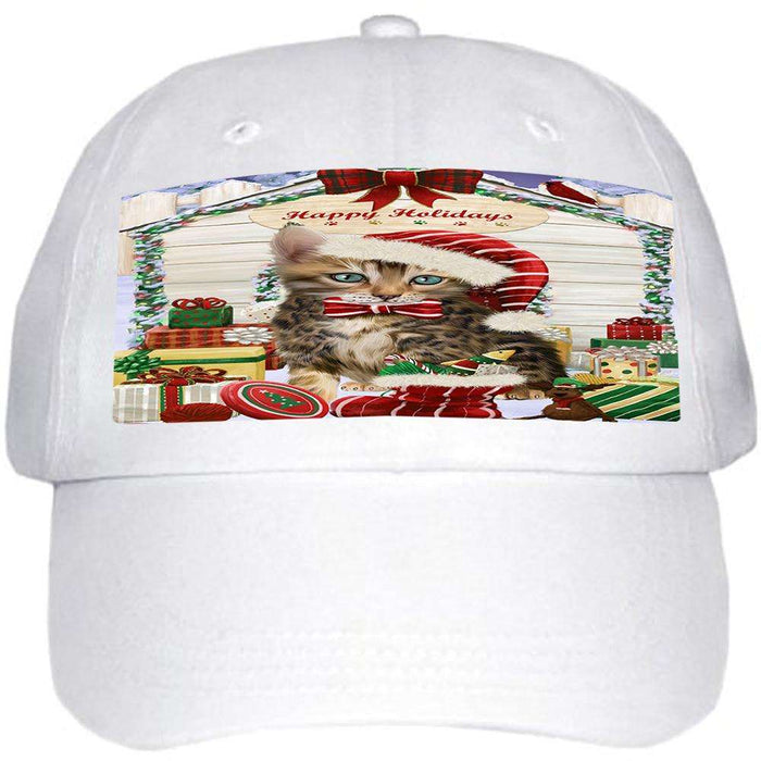 Happy Holidays Christmas Bengal Cat With Presents Ball Hat Cap HAT61632
