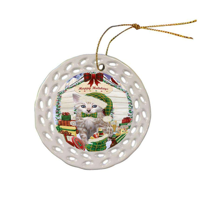 Happy Holidays Christmas Bengal Cat With Presents Ceramic Doily Ornament DPOR52630