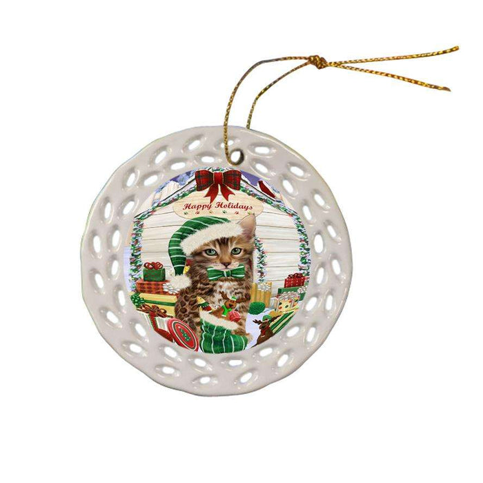 Happy Holidays Christmas Bengal Cat With Presents Ceramic Doily Ornament DPOR52631