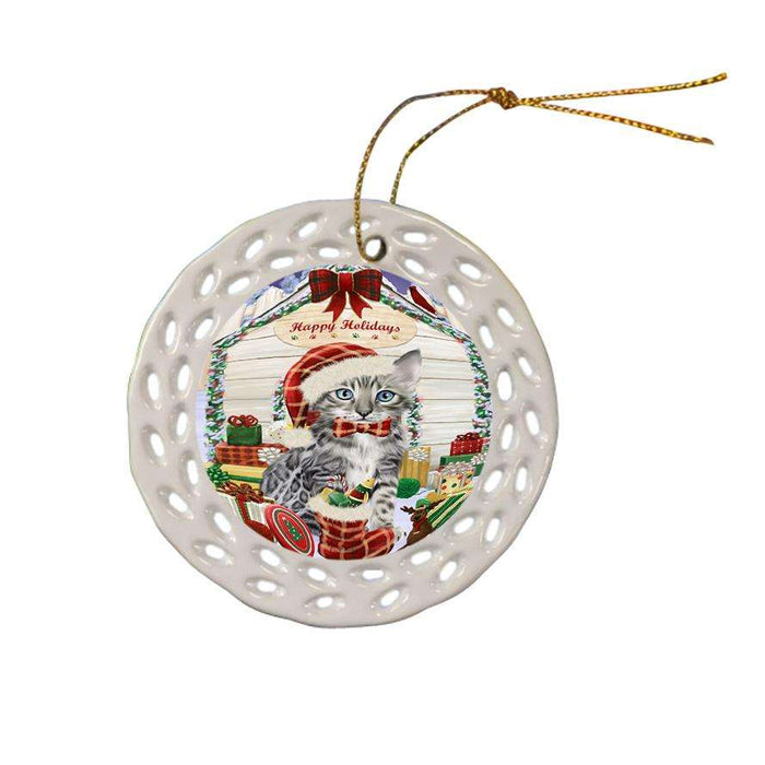 Happy Holidays Christmas Bengal Cat With Presents Ceramic Doily Ornament DPOR52632