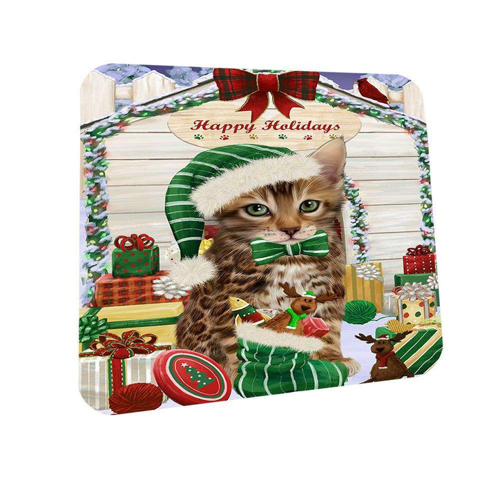 Happy Holidays Christmas Bengal Cat With Presents Coasters Set of 4 CST52590