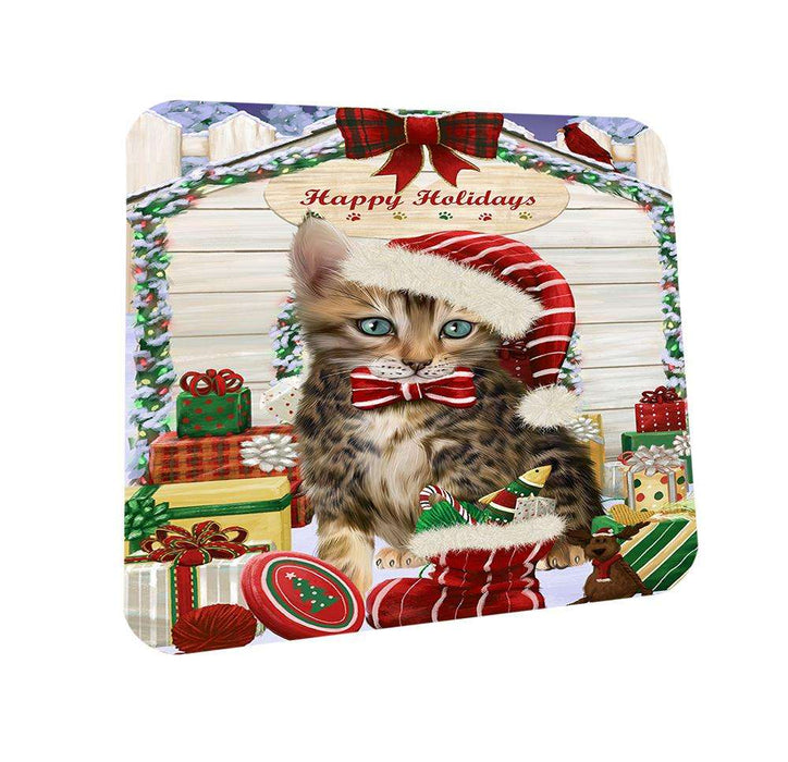 Happy Holidays Christmas Bengal Cat With Presents Coasters Set of 4 CST52592