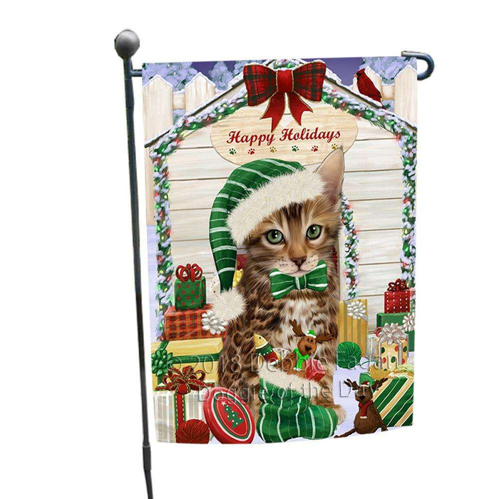 Happy Holidays Christmas Bengal Cat With Presents Garden Flag GFLG52576