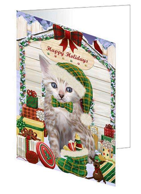 Happy Holidays Christmas Bengal Cat With Presents Handmade Artwork Assorted Pets Greeting Cards and Note Cards with Envelopes for All Occasions and Holiday Seasons GCD61919