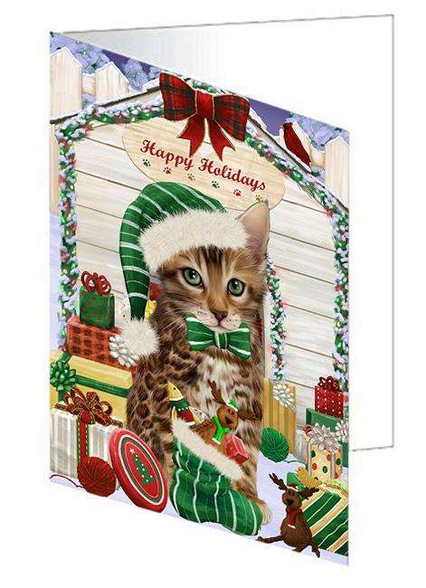 Happy Holidays Christmas Bengal Cat With Presents Handmade Artwork Assorted Pets Greeting Cards and Note Cards with Envelopes for All Occasions and Holiday Seasons GCD61922