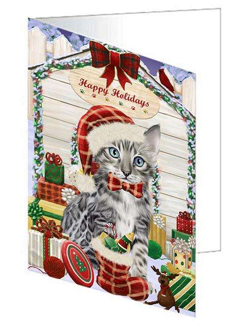 Happy Holidays Christmas Bengal Cat With Presents Handmade Artwork Assorted Pets Greeting Cards and Note Cards with Envelopes for All Occasions and Holiday Seasons GCD61925