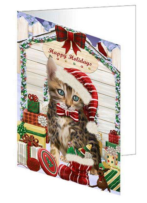 Happy Holidays Christmas Bengal Cat With Presents Handmade Artwork Assorted Pets Greeting Cards and Note Cards with Envelopes for All Occasions and Holiday Seasons GCD61928