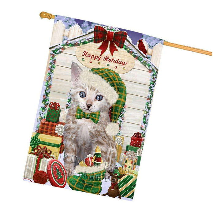 Happy Holidays Christmas Bengal Cat With Presents House Flag FLG52711