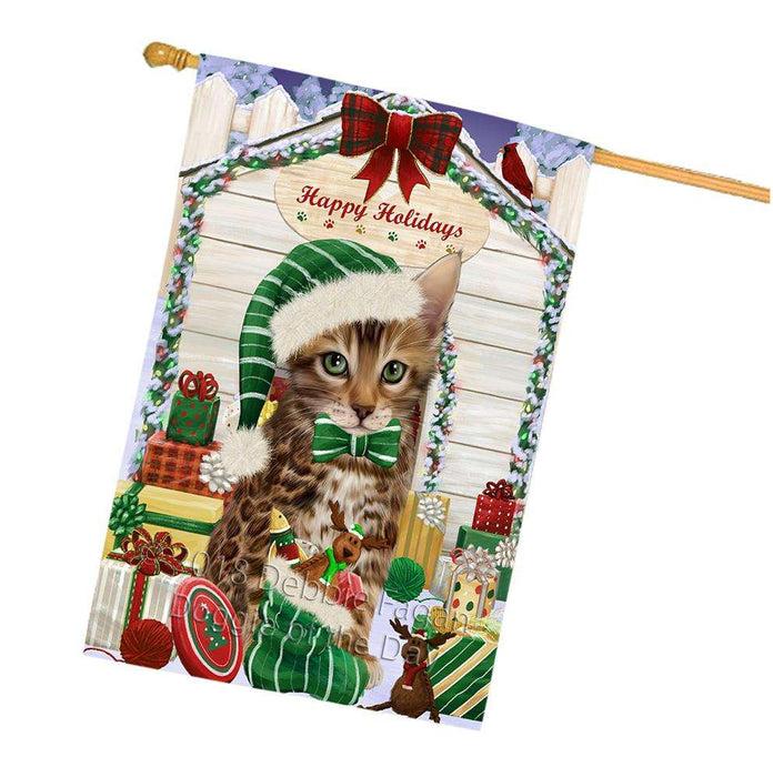 Happy Holidays Christmas Bengal Cat With Presents House Flag FLG52712