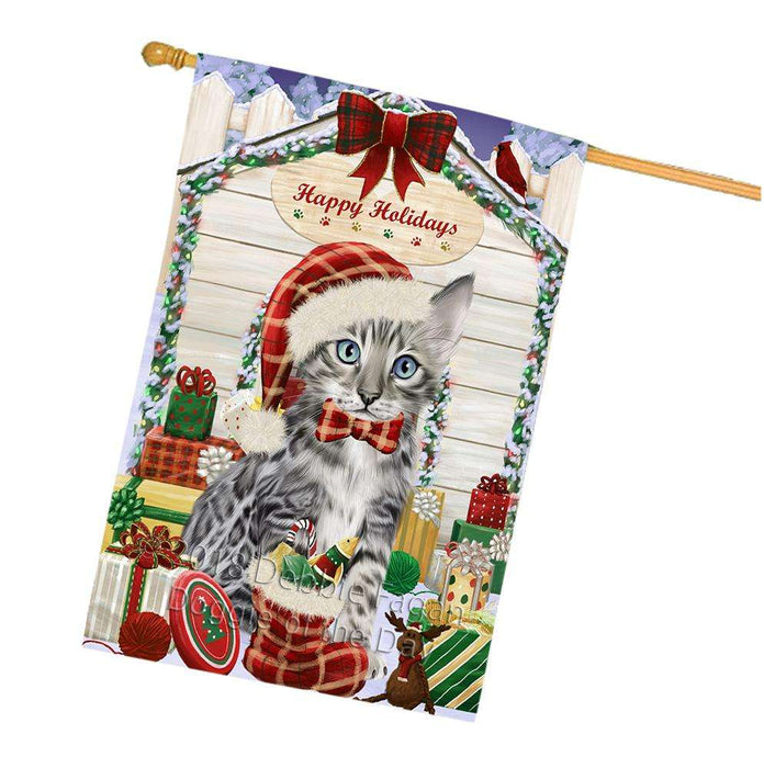 Happy Holidays Christmas Bengal Cat With Presents House Flag FLG52713