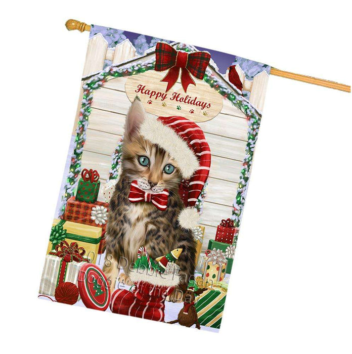 Happy Holidays Christmas Bengal Cat With Presents House Flag FLG52714