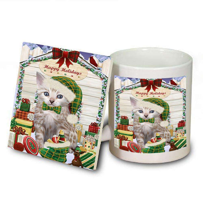 Happy Holidays Christmas Bengal Cat With Presents Mug and Coaster Set MUC52622