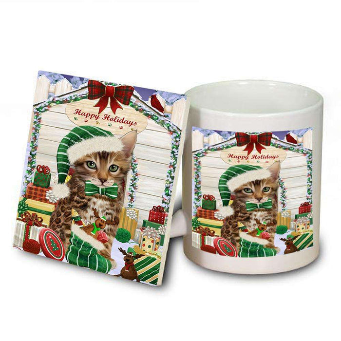 Happy Holidays Christmas Bengal Cat With Presents Mug and Coaster Set MUC52623