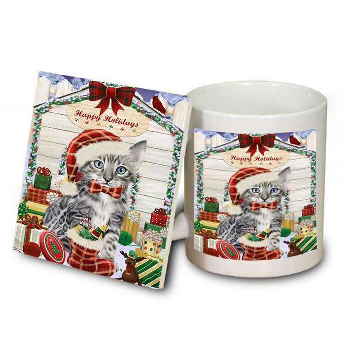 Happy Holidays Christmas Bengal Cat With Presents Mug and Coaster Set MUC52624