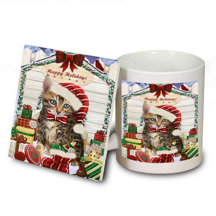 Happy Holidays Christmas Bengal Cat With Presents Mug and Coaster Set MUC52625