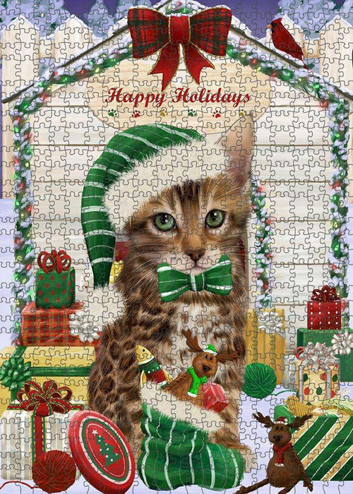Happy Holidays Christmas Bengal Cat With Presents Puzzle with Photo Tin PUZL61824