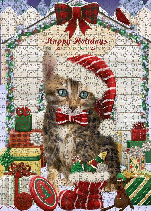 Happy Holidays Christmas Bengal Cat With Presents Puzzle with Photo Tin PUZL61830