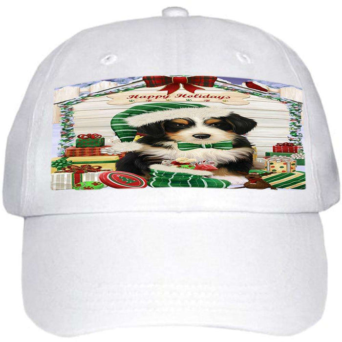 Happy Holidays Christmas Bernedoodle Dog House with Presents Ball Hat Cap HAT57732