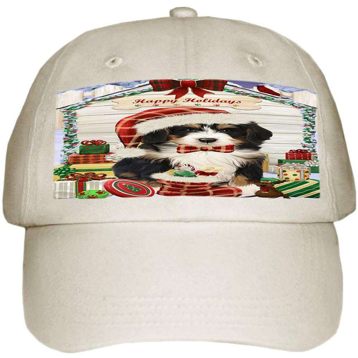 Happy Holidays Christmas Bernedoodle Dog House with Presents Ball Hat Cap HAT57735