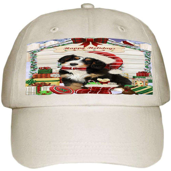 Happy Holidays Christmas Bernedoodle Dog House with Presents Ball Hat Cap HAT57738