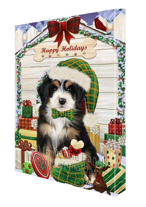 Happy Holidays Christmas Bernedoodle Dog House with Presents Canvas Print Wall Art Décor CVS78578