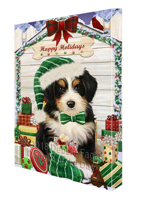 Happy Holidays Christmas Bernedoodle Dog House with Presents Canvas Print Wall Art Décor CVS78587