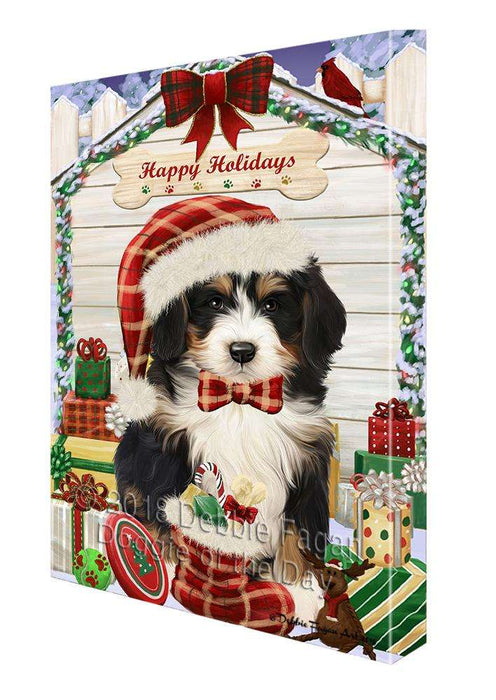 Happy Holidays Christmas Bernedoodle Dog House with Presents Canvas Print Wall Art Décor CVS78596