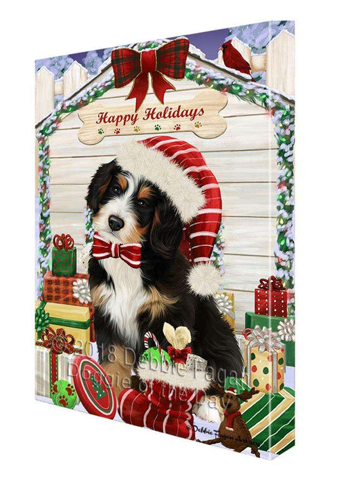 Happy Holidays Christmas Bernedoodle Dog House with Presents Canvas Print Wall Art Décor CVS78605