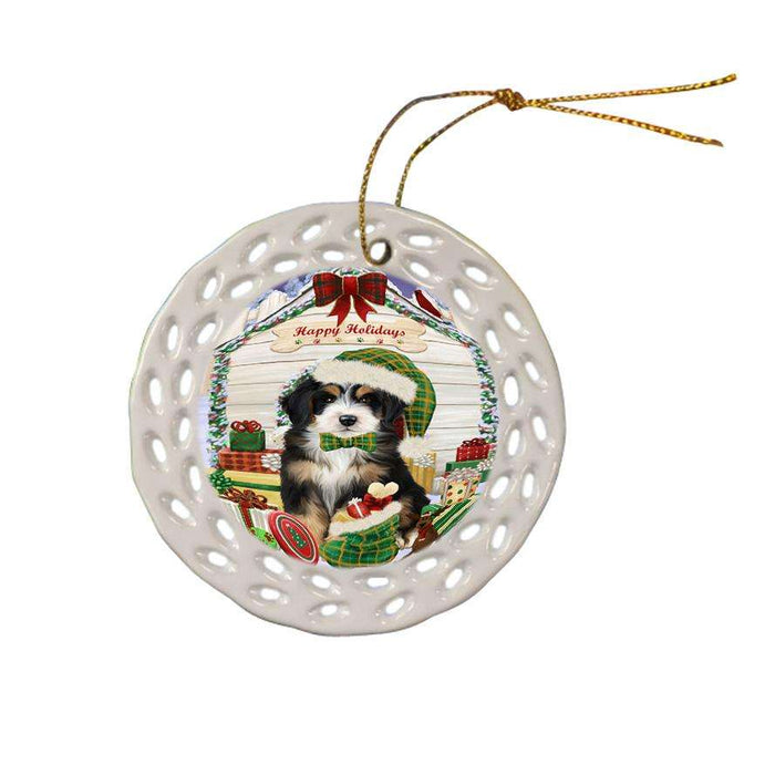 Happy Holidays Christmas Bernedoodle Dog House with Presents Ceramic Doily Ornament DPOR51332