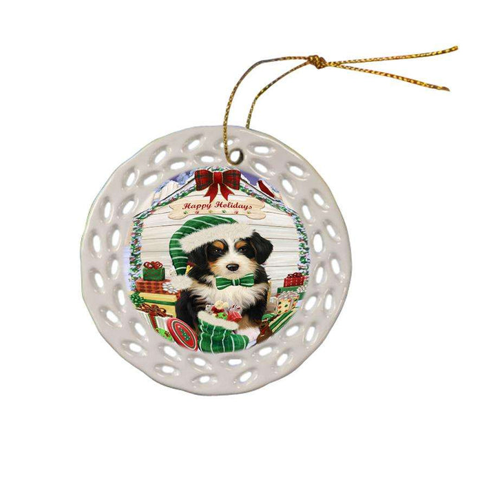 Happy Holidays Christmas Bernedoodle Dog House with Presents Ceramic Doily Ornament DPOR51333