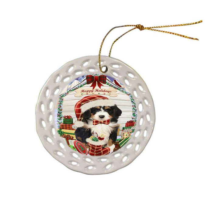Happy Holidays Christmas Bernedoodle Dog House with Presents Ceramic Doily Ornament DPOR51334