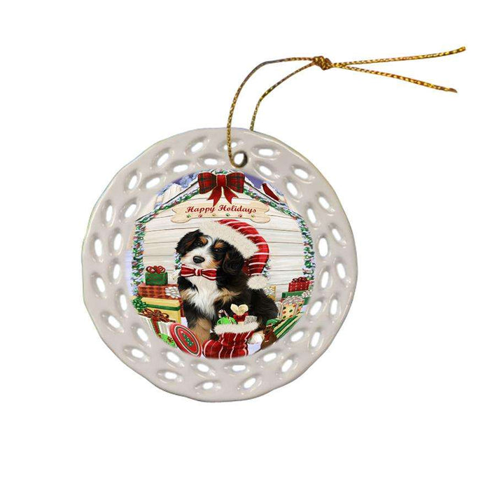 Happy Holidays Christmas Bernedoodle Dog House with Presents Ceramic Doily Ornament DPOR51335
