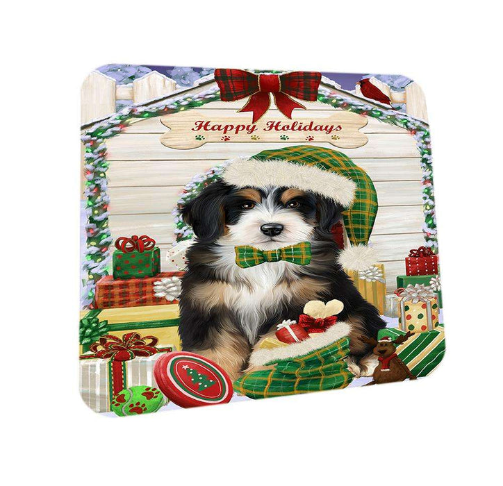 Happy Holidays Christmas Bernedoodle Dog House with Presents Coasters Set of 4 CST51291