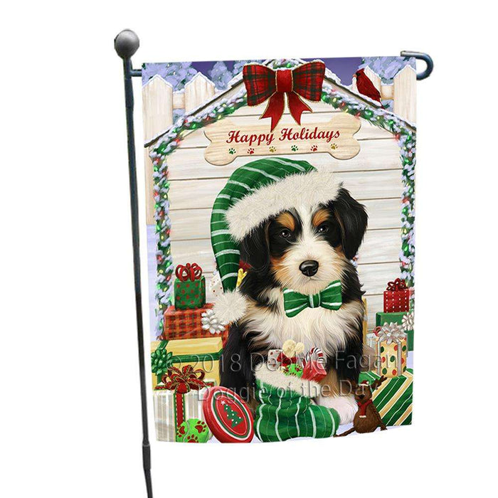 Happy Holidays Christmas Bernedoodle Dog House with Presents Garden Flag GFLG51255