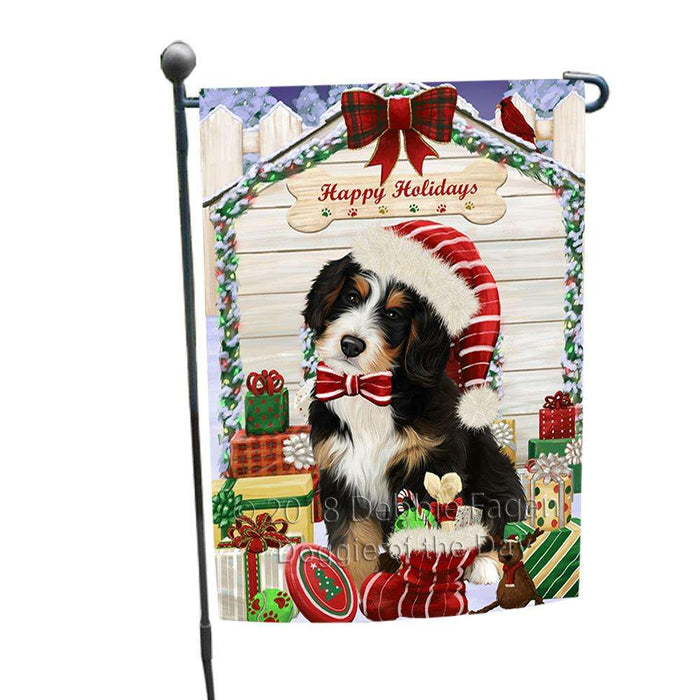 Happy Holidays Christmas Bernedoodle Dog House with Presents Garden Flag GFLG51257