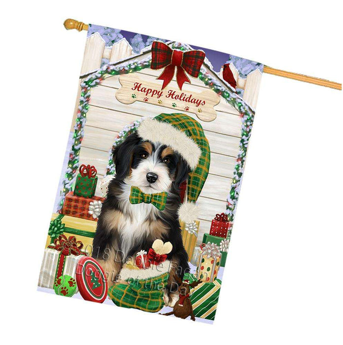 Happy Holidays Christmas Bernedoodle Dog House with Presents House Flag FLG51390