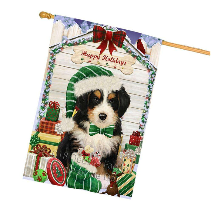 Happy Holidays Christmas Bernedoodle Dog House with Presents House Flag FLG51391