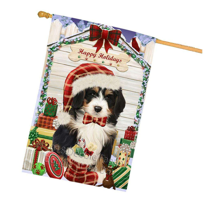 Happy Holidays Christmas Bernedoodle Dog House with Presents House Flag FLG51392