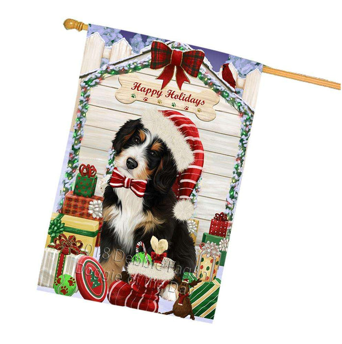Happy Holidays Christmas Bernedoodle Dog House with Presents House Flag FLG51393