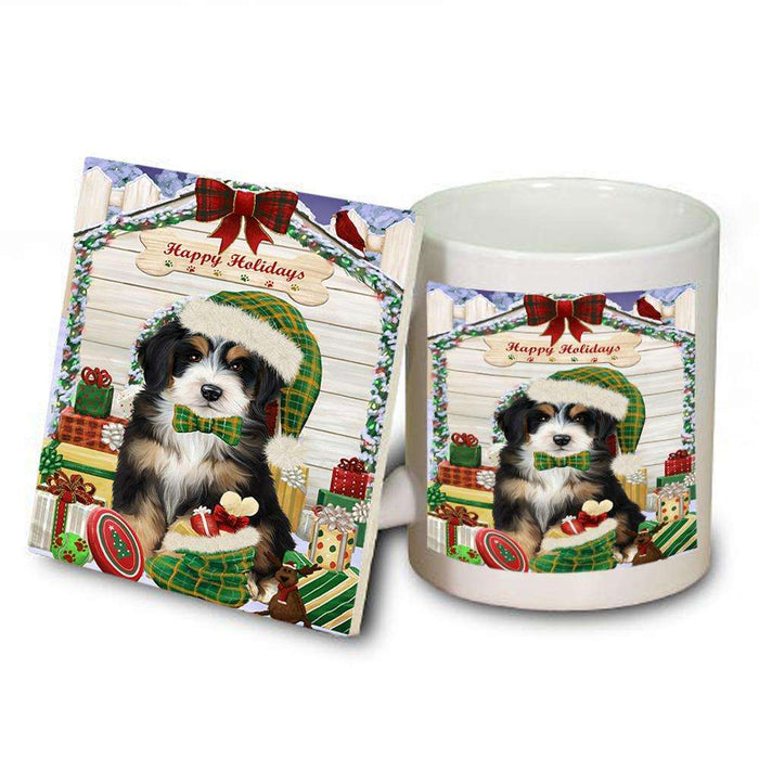 Happy Holidays Christmas Bernedoodle Dog House with Presents Mug and Coaster Set MUC51324