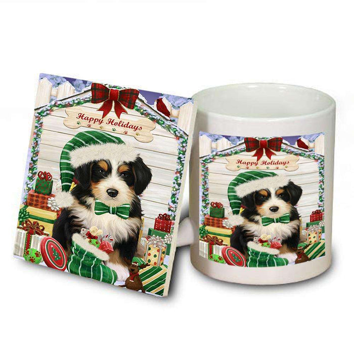 Happy Holidays Christmas Bernedoodle Dog House with Presents Mug and Coaster Set MUC51325