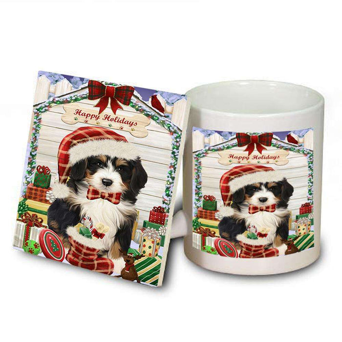 Happy Holidays Christmas Bernedoodle Dog House with Presents Mug and Coaster Set MUC51326